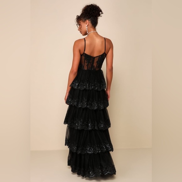 LULU’S Alluring Sensation Black Tulle Embroidered Tiered Maxi Dress - Picture 5 of 5